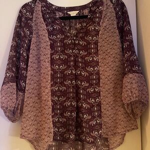 Caslon Hippie Chic Blouse Boho paisley patchwork flouncy tunic Burgundy/mauve XS